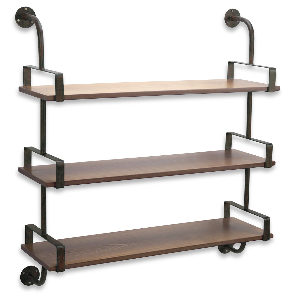 A triple wall shelving unit with iron brackets and wooden shelves. 