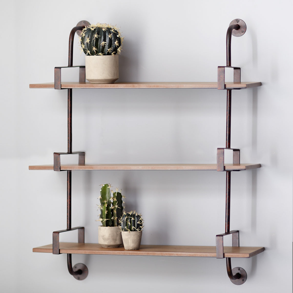 A triple wall shelving unit with iron brackets and wooden shelves. Shown with small plants. 