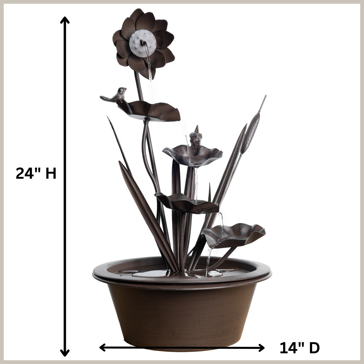 Flower and Bird water fountain measures 24 inches high and 14 inches in diameter. 