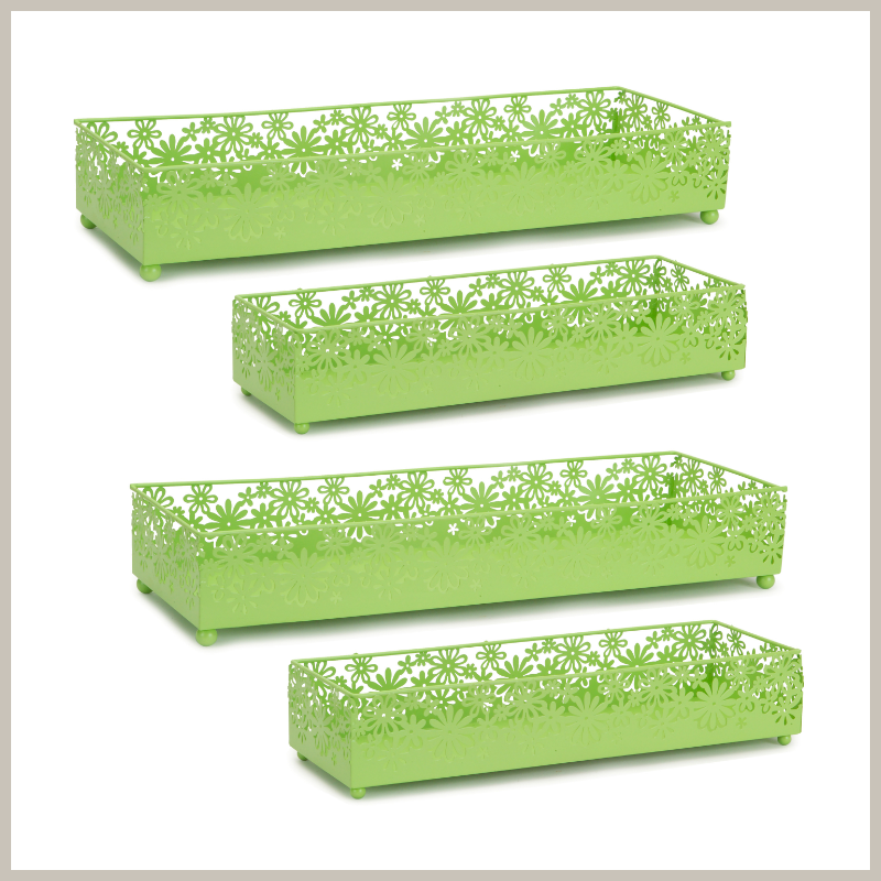 Lime Green metal trays with cut-out daisy designs. two sizes. Each set contains two of each size, with 4 trays total. 4 trays are shown in photo.