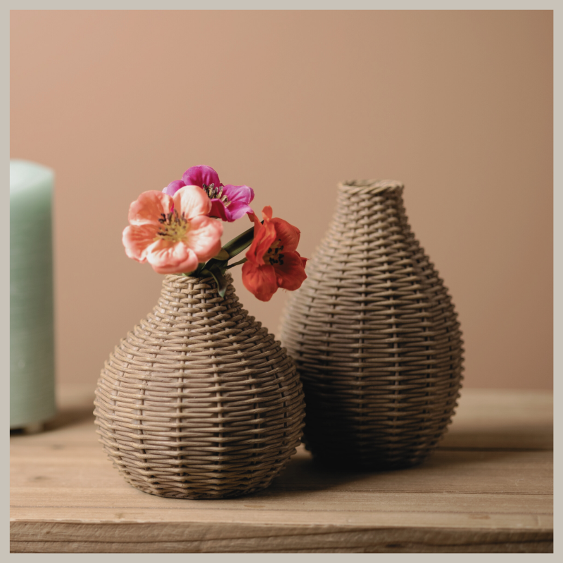 two faux woven wicker vases 