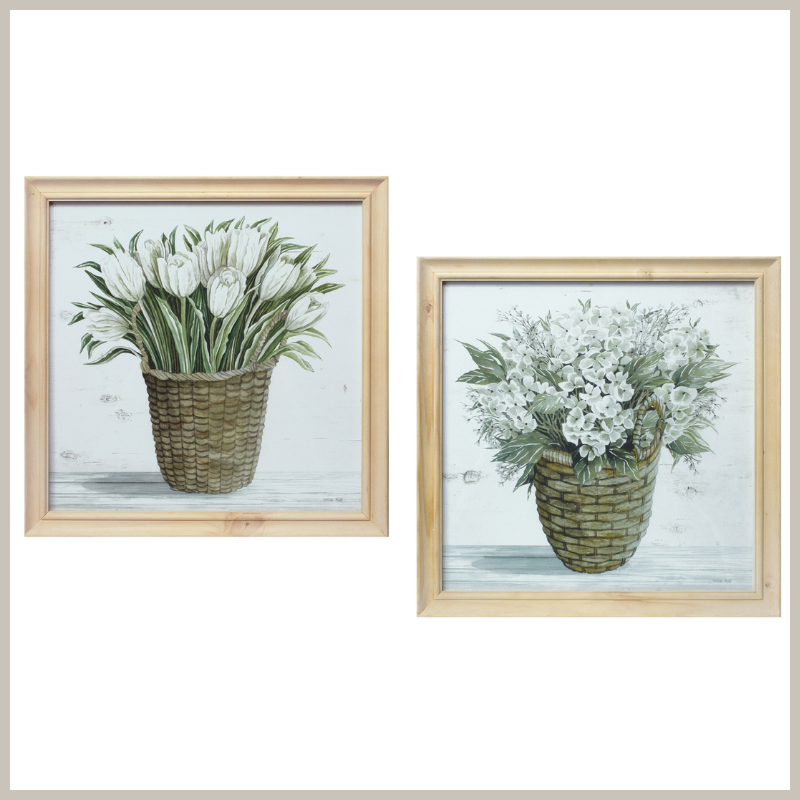 A set of natural wood framed flower prints. One has tulips in a basket; one has pansies in a basket. In hues of sage green, tans, cream and gray. 