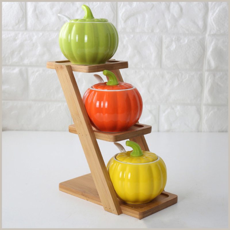 Ceramic Seasoning Jar Set sitting on a vertical ladder tray. 