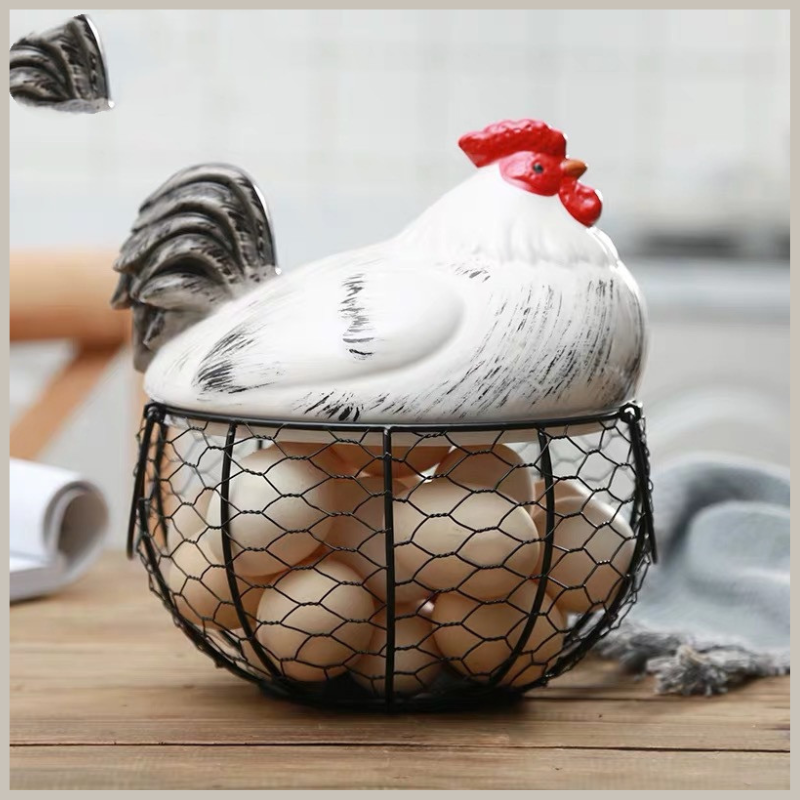 Ceramic Rooster & Iron Woven Basket | itsabode.com
