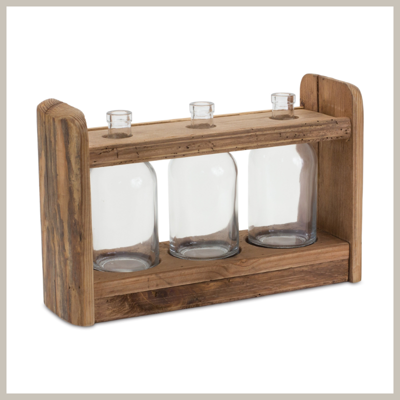 Rustic wooden holder with three glass vases 