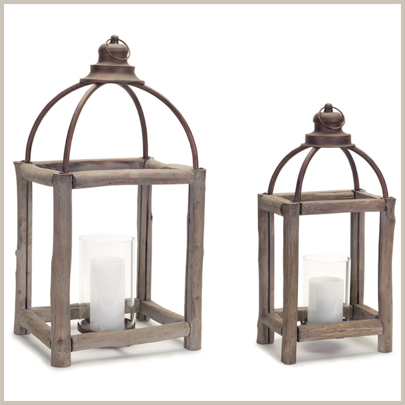 A set of distressed wood branch lanterns with open arched iron toppers. Place your real wax or LED candles in the hurricane candle holder.