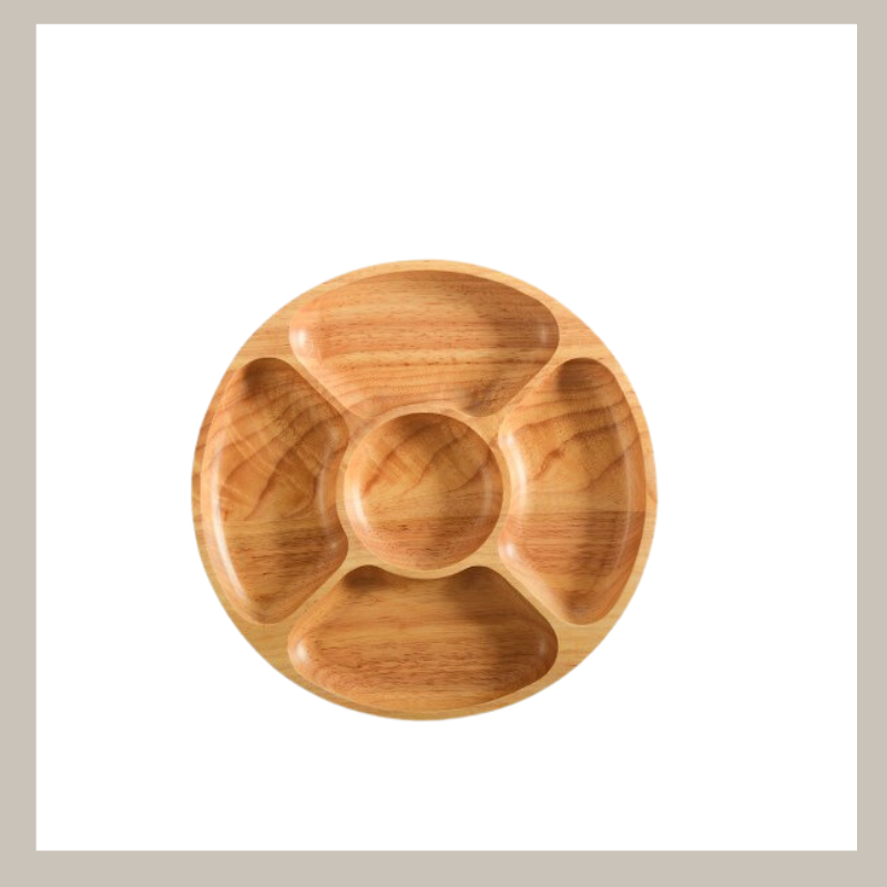 Beautiful round oak snack and appetizer tray with compartments
