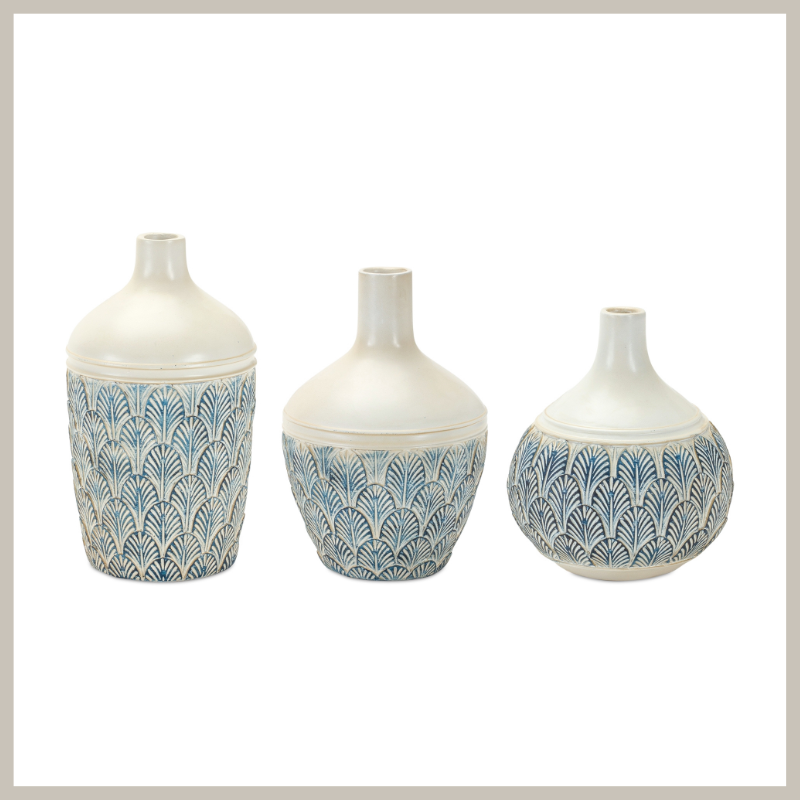 Set of 3 gourd vases with geometric leaf pattern in blue hues on cream.