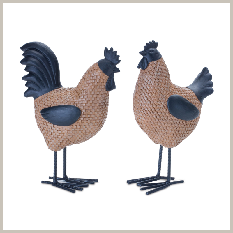 A brown faux wicker set of a hen and rooster, with black heads, tails, wings and feet. 
