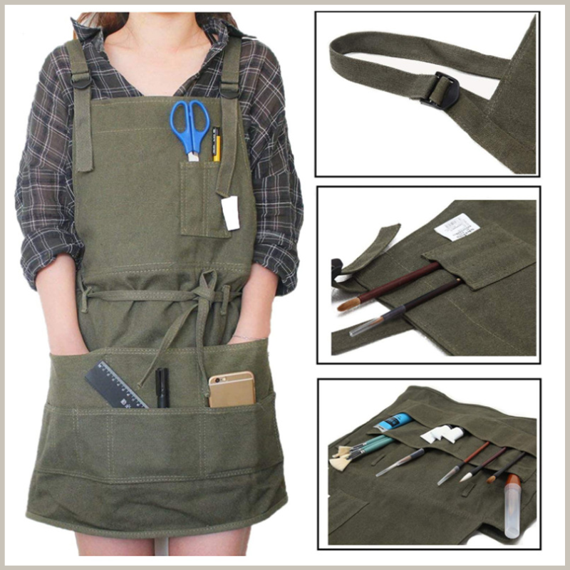 Image shows model wearing apron with items in pockets. Close up photos of strap and pockets. 